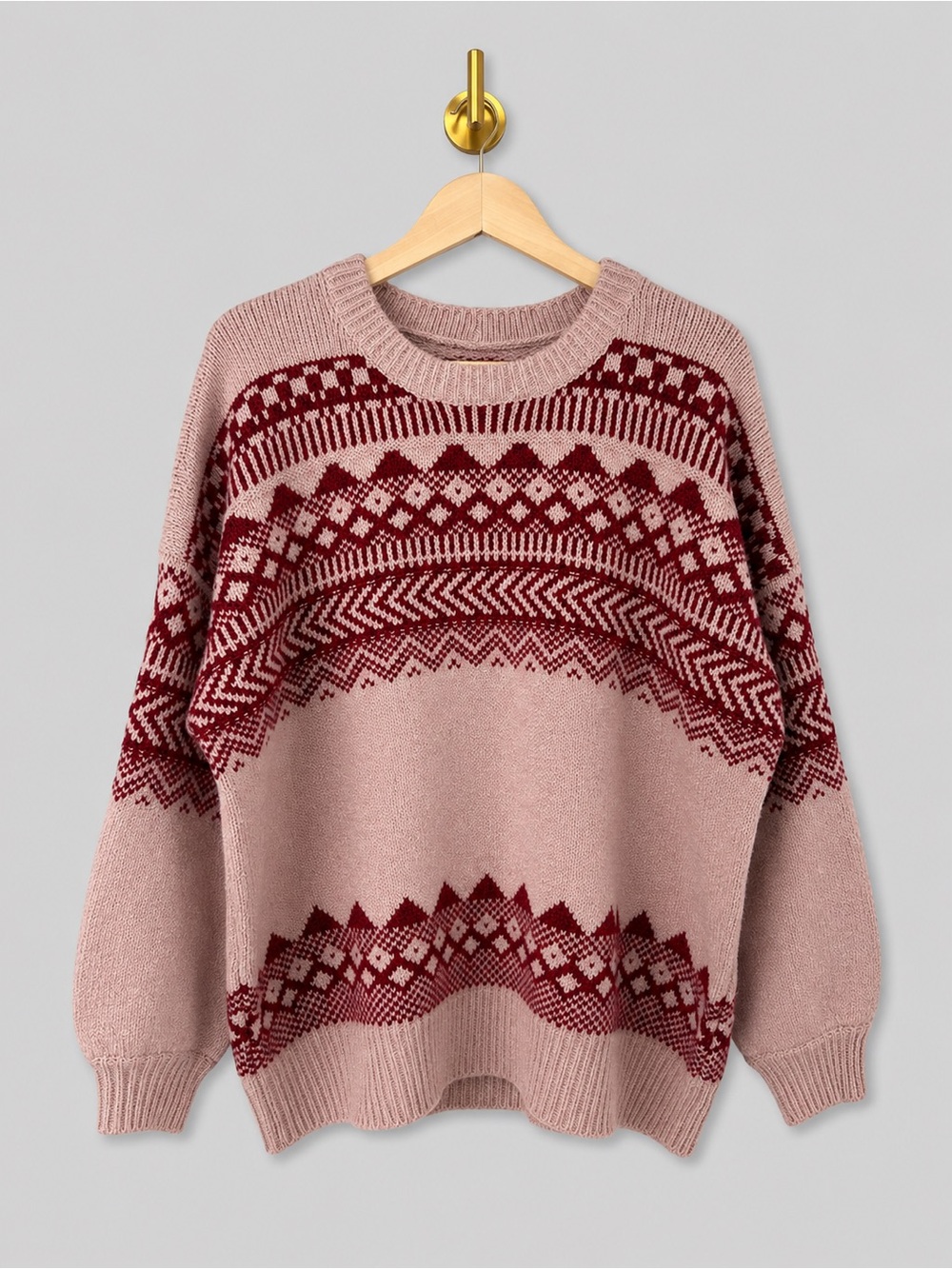 American Eagle Fair Isle Sweater Oversized Crewneck Pink Burgundy knit